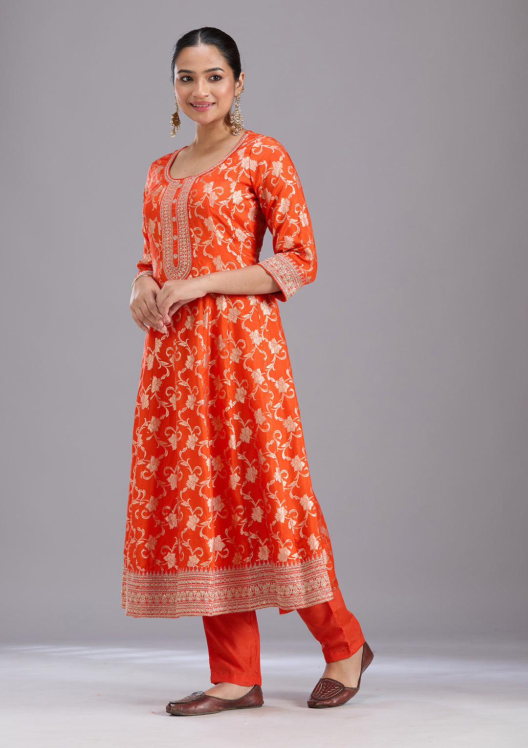 Orange Zariwork Brocade Readymade Salwar Suit