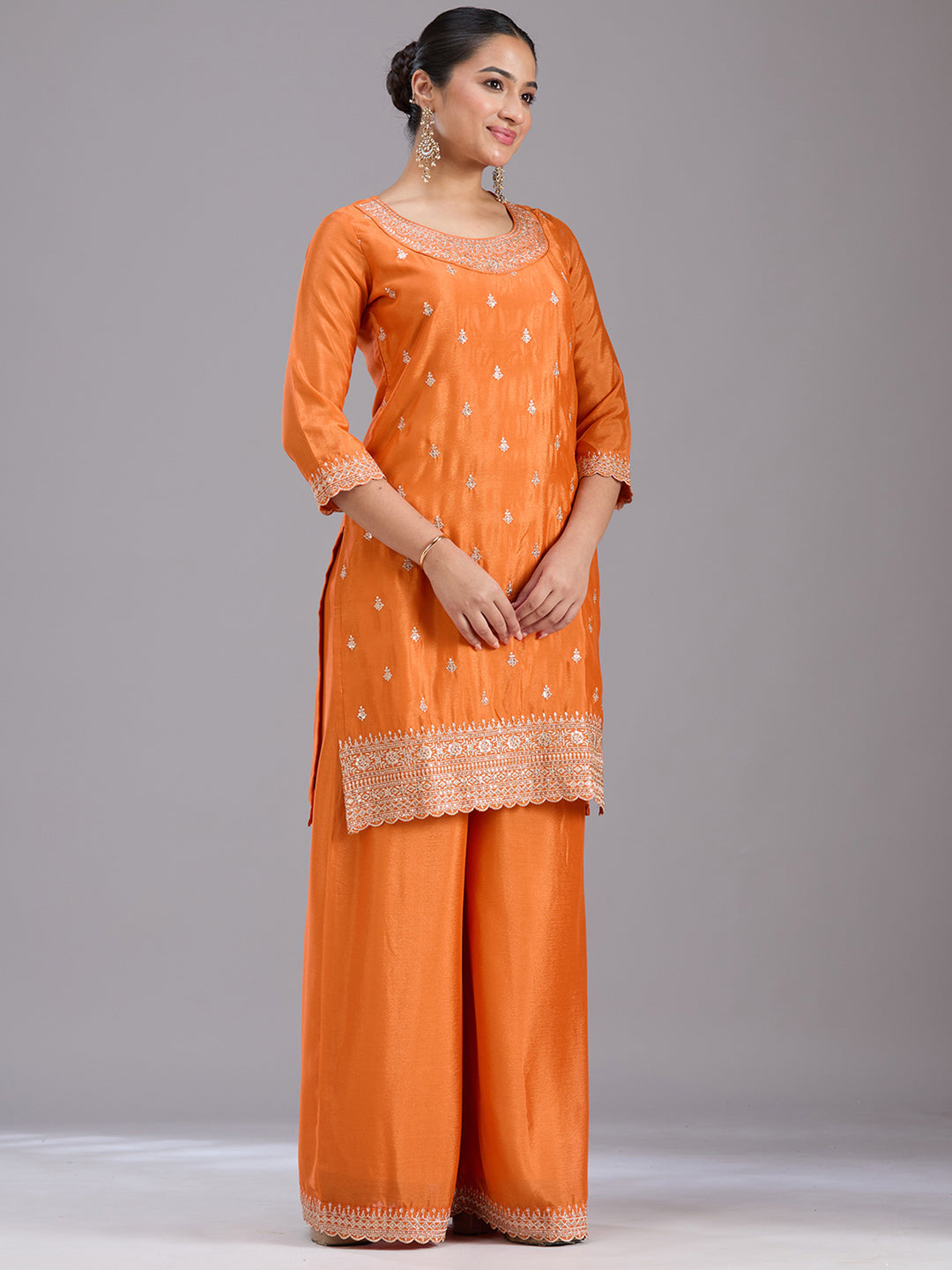 Orange Sequins Soft Raw Silk Readymade Salwar Suit