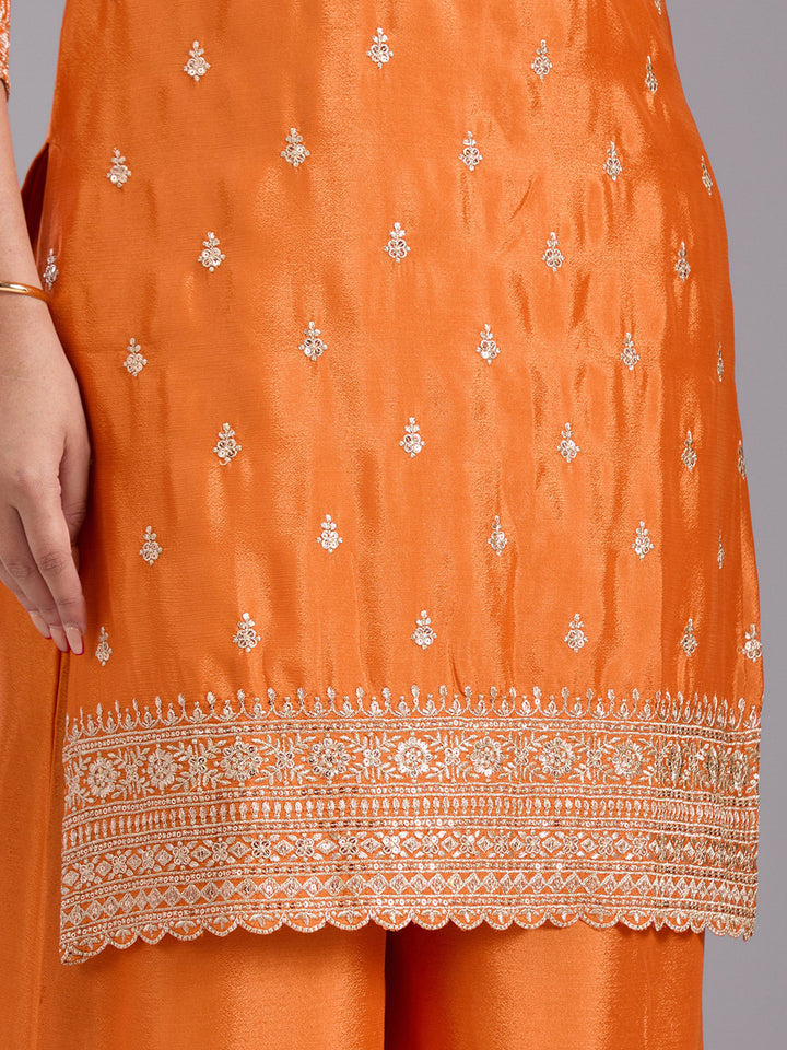 Orange Sequins Soft Raw Silk Readymade Salwar Suit