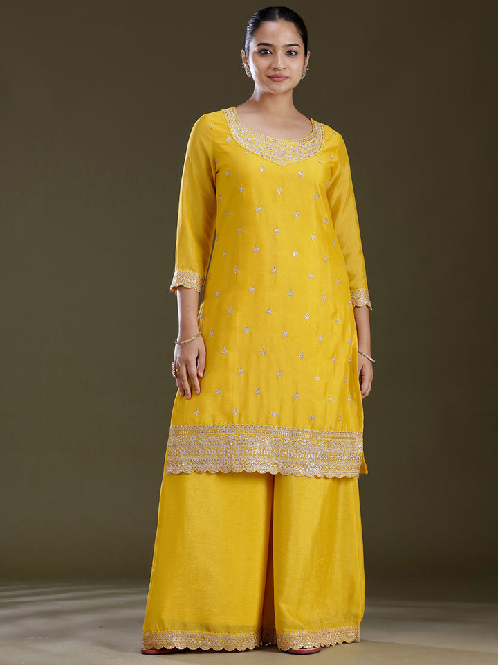 Yellow Sequins Soft Raw Silk Readymade Salwar Suit