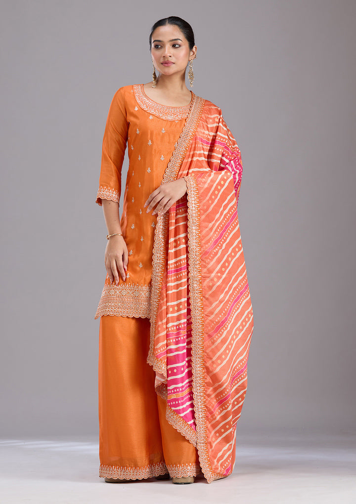 Orange Sequins Soft Raw Silk Readymade Salwar Suit