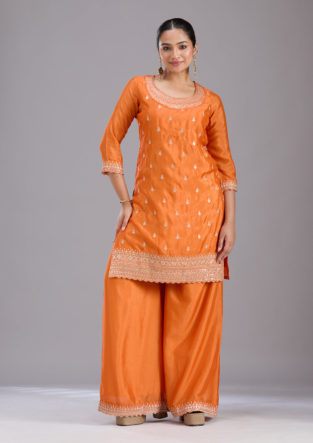 Orange Sequins Soft Raw Silk Readymade Salwar Suit