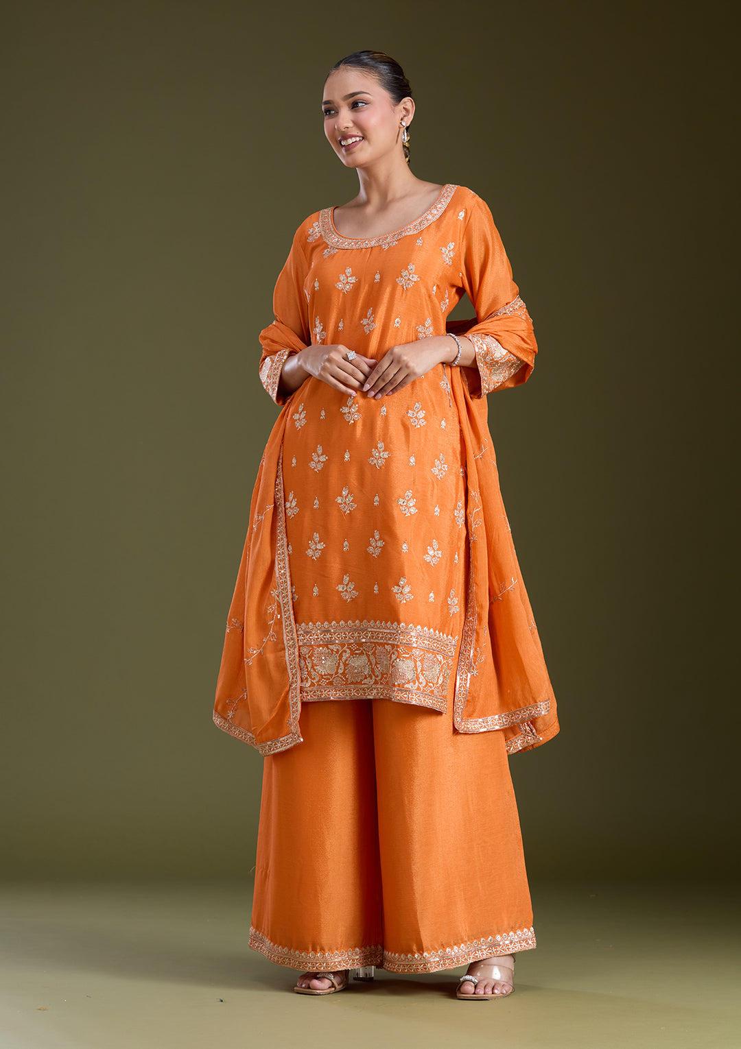 Orange Sequins Soft Raw Silk Readymade Salwar Suit