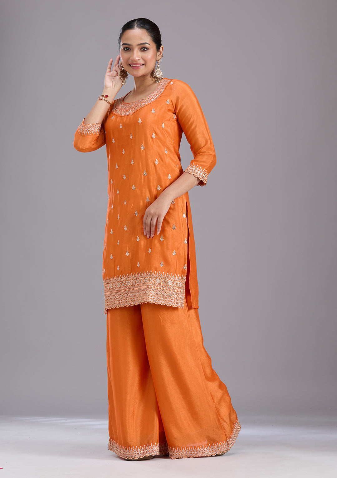 Orange Sequins Soft Raw Silk Readymade Salwar Suit