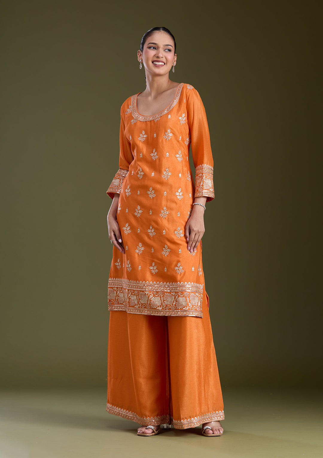 Orange Sequins Soft Raw Silk Readymade Salwar Suit