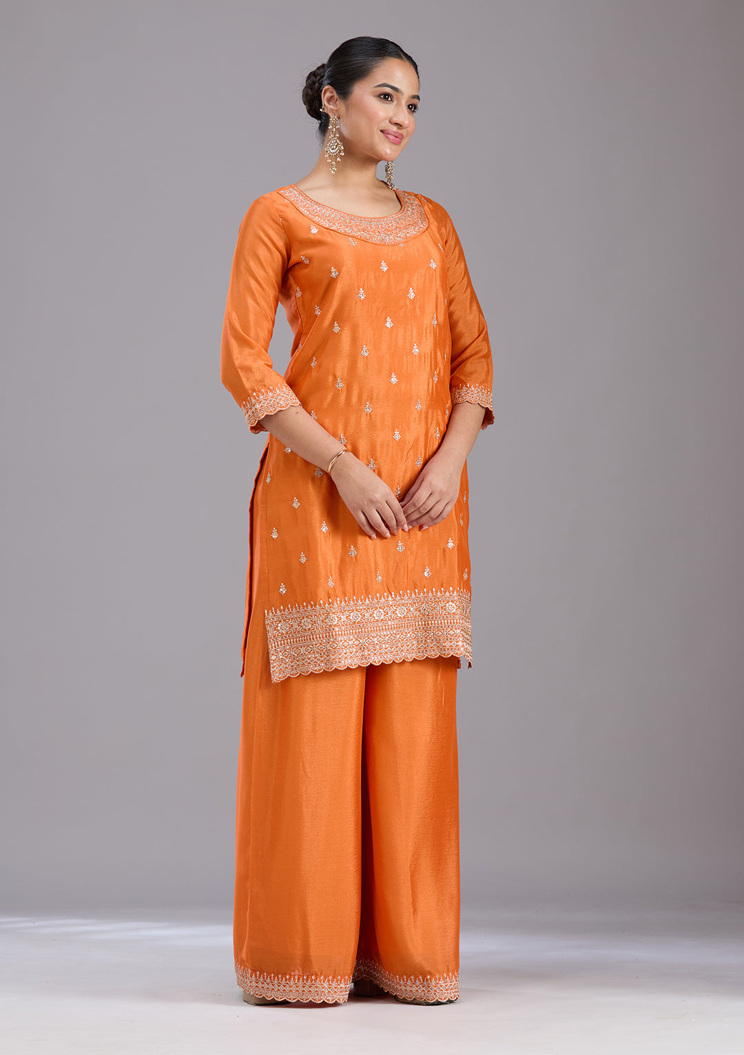 Orange Sequins Soft Raw Silk Readymade Salwar Suit