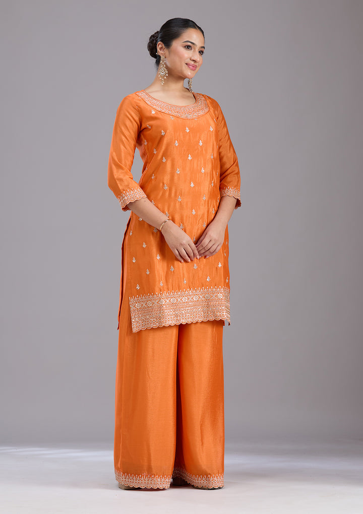 Orange Sequins Soft Raw Silk Readymade Salwar Suit
