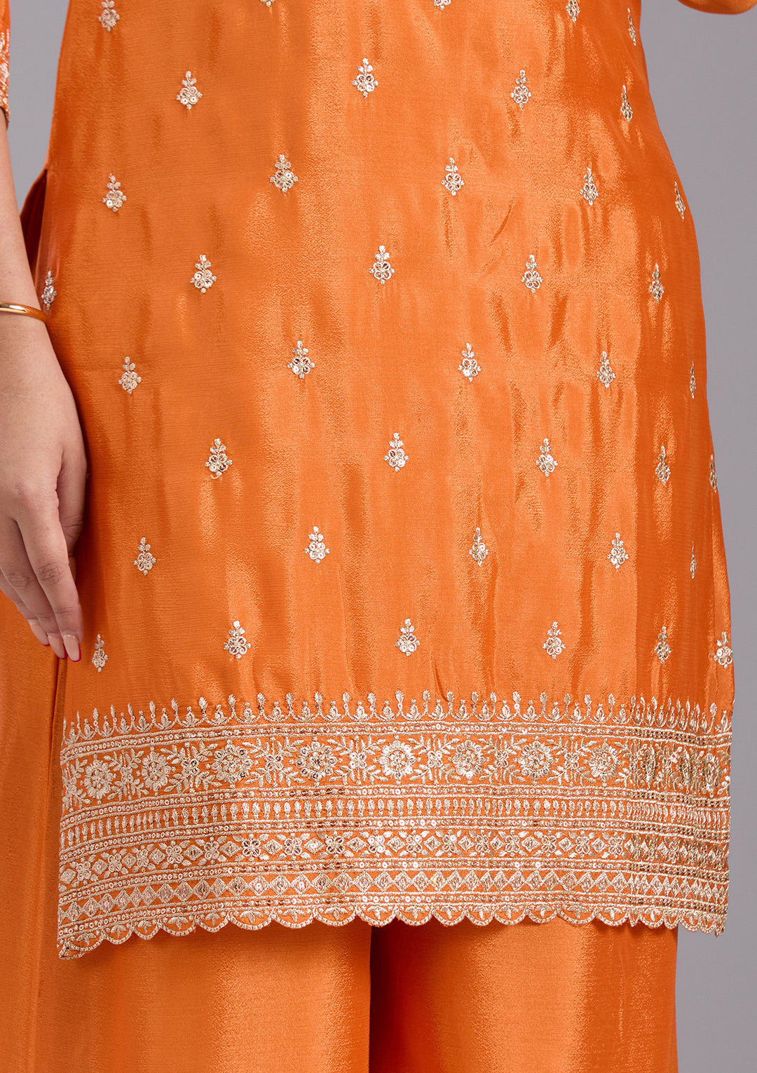 Orange Sequins Soft Raw Silk Readymade Salwar Suit