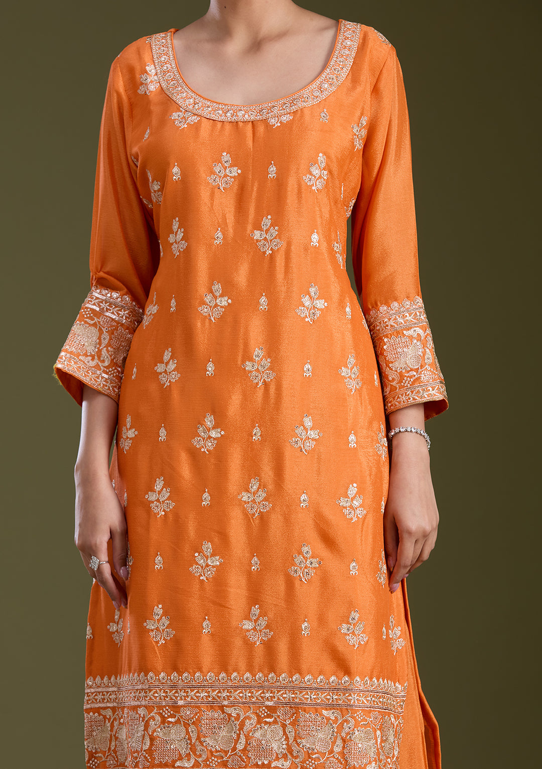 Orange Sequins Soft Raw Silk Readymade Salwar Suit