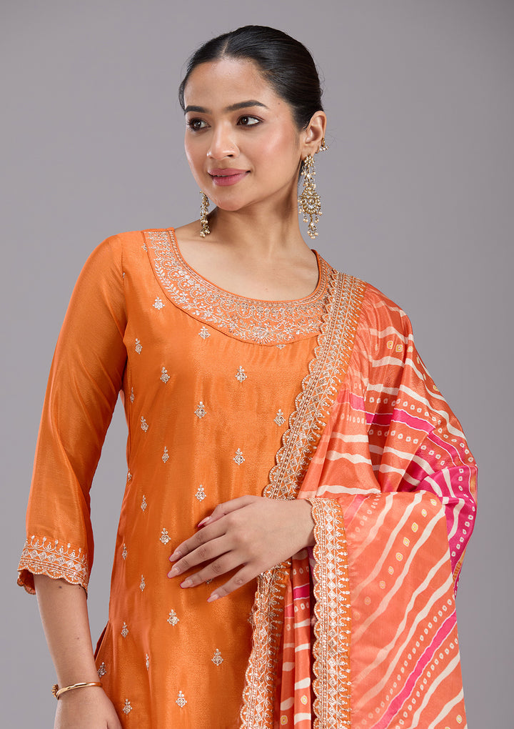 Orange Sequins Soft Raw Silk Readymade Salwar Suit