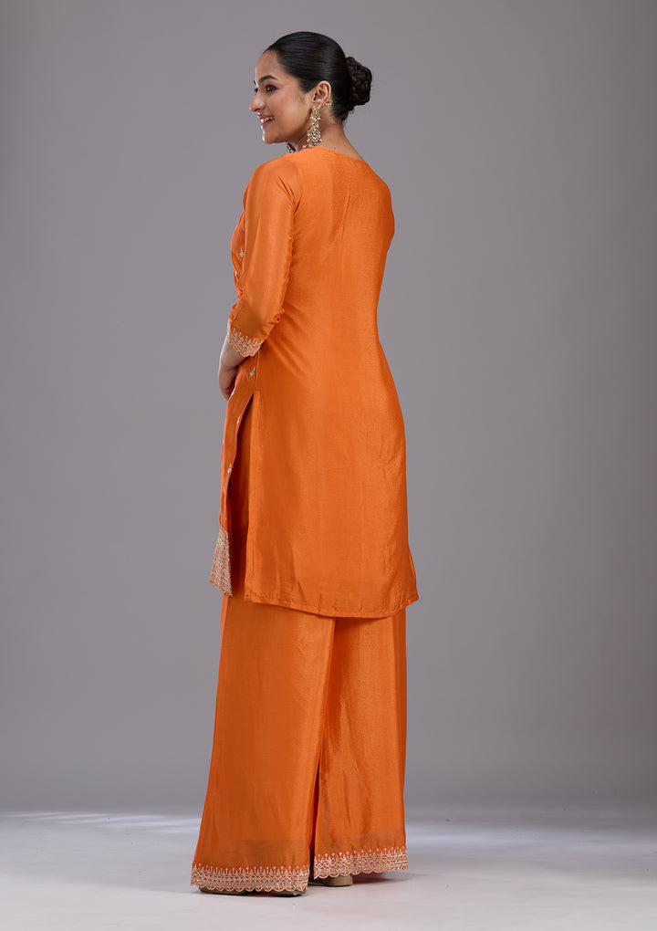 Orange Sequins Soft Raw Silk Readymade Salwar Suit