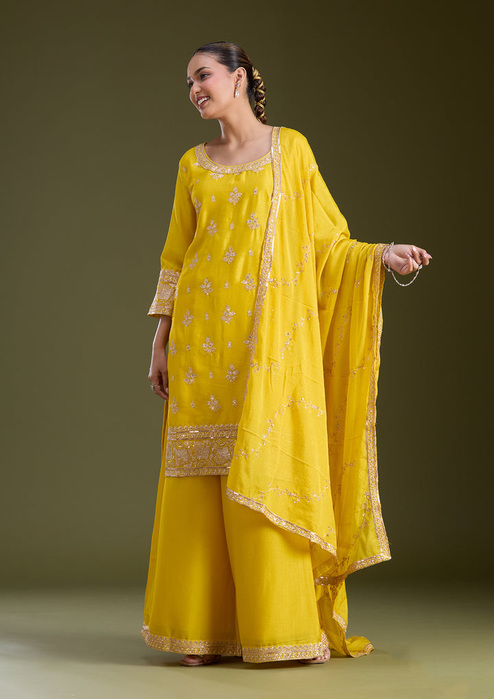 Yellow Sequins Soft Raw Silk Readymade Salwar Suit