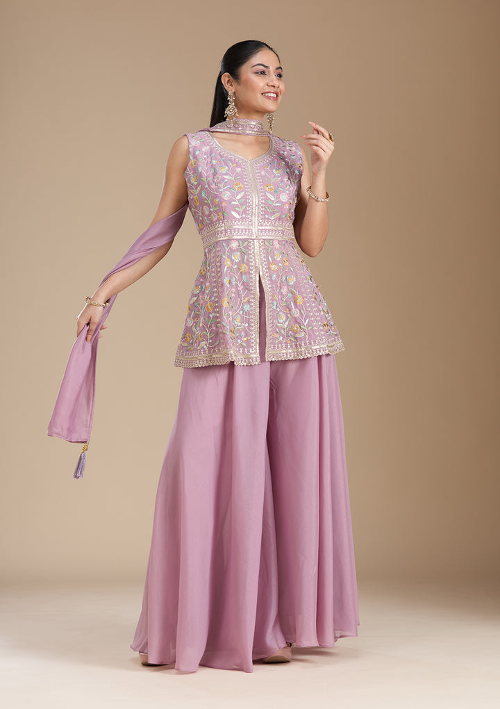 Mauve Threadwork Georgette Readymade Salwar Suit