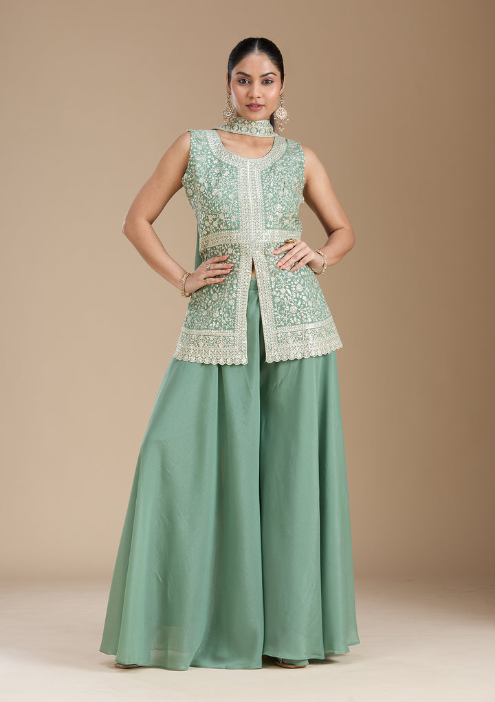 Leaf Green Zariwork (Gold) Georgette Readymade Salwar Suit