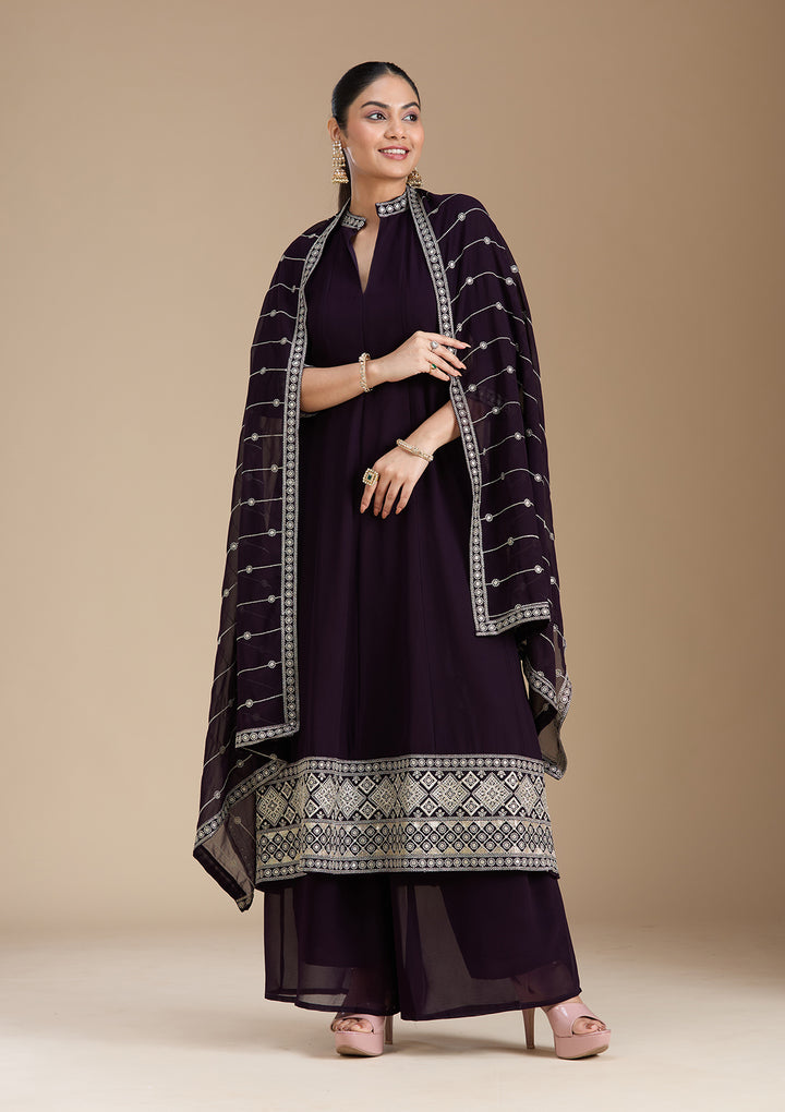Purple Zariwork (Gold) Georgette Readymade Salwar Suit