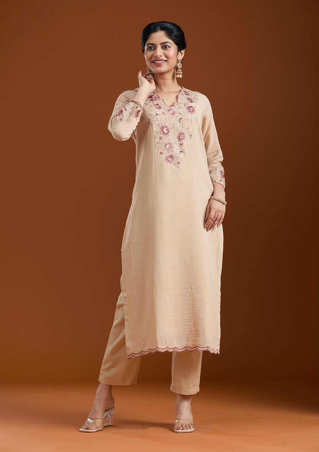 Beige Threadwork Chanderi Readymade Salwar Suit