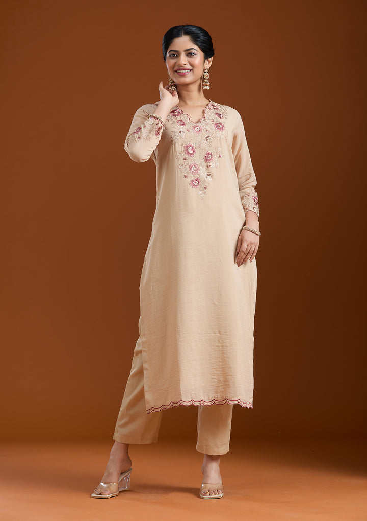Beige Threadwork Chanderi Readymade Salwar Suit