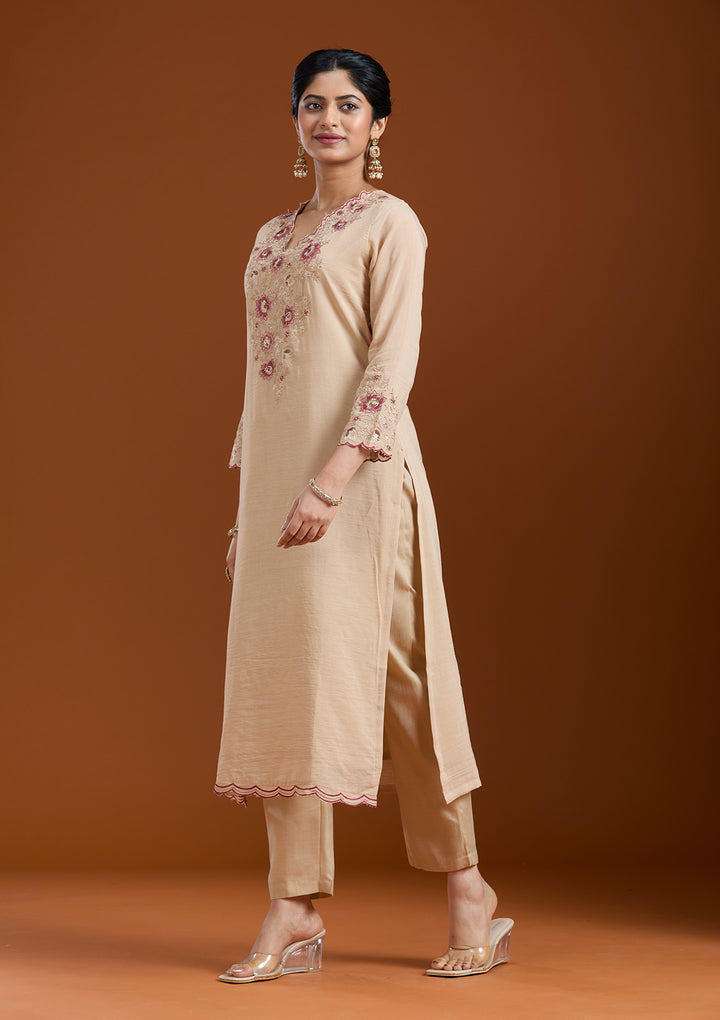 Beige Threadwork Chanderi Readymade Salwar Suit