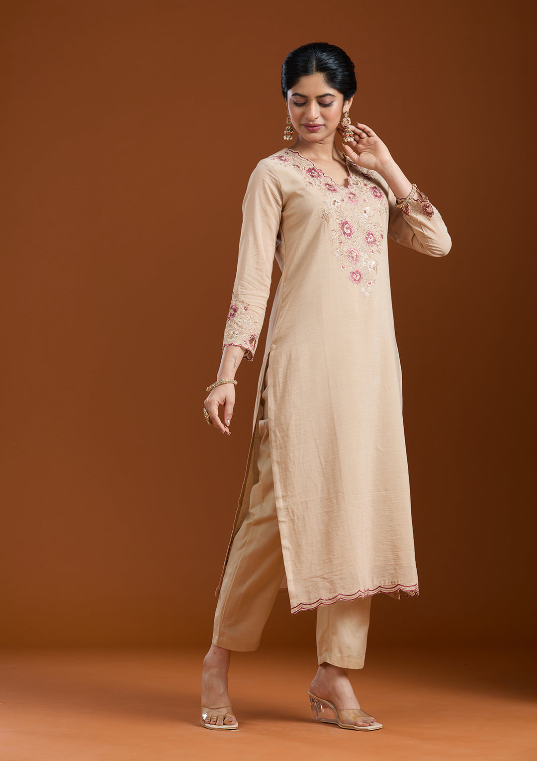 Beige Threadwork Chanderi Readymade Salwar Suit