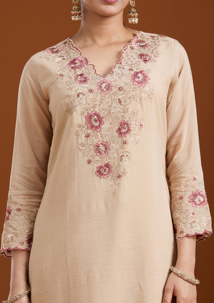 Beige Threadwork Chanderi Readymade Salwar Suit