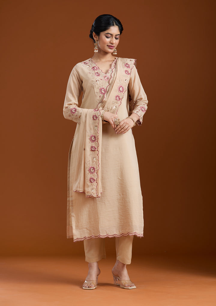 Beige Threadwork Chanderi Readymade Salwar Suit
