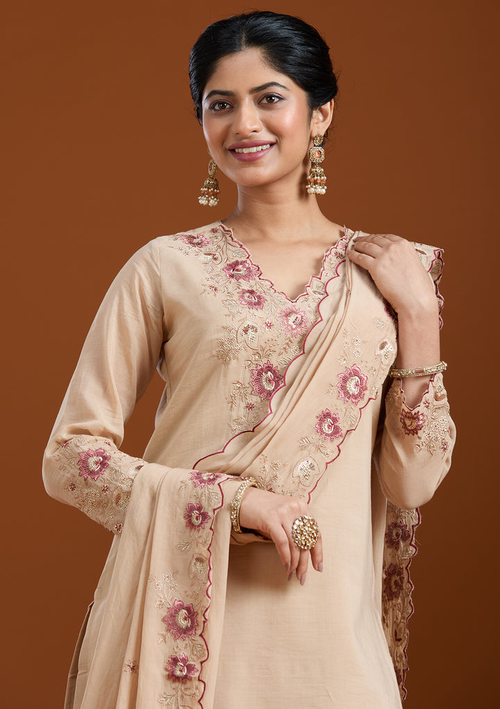 Beige Threadwork Chanderi Readymade Salwar Suit