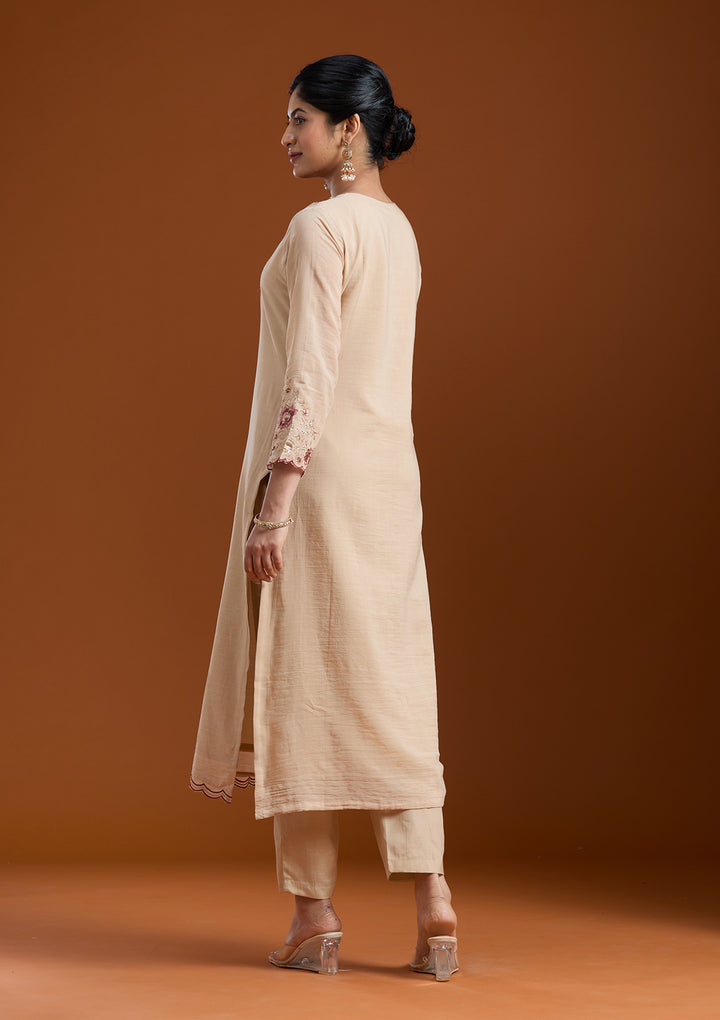 Beige Threadwork Chanderi Readymade Salwar Suit