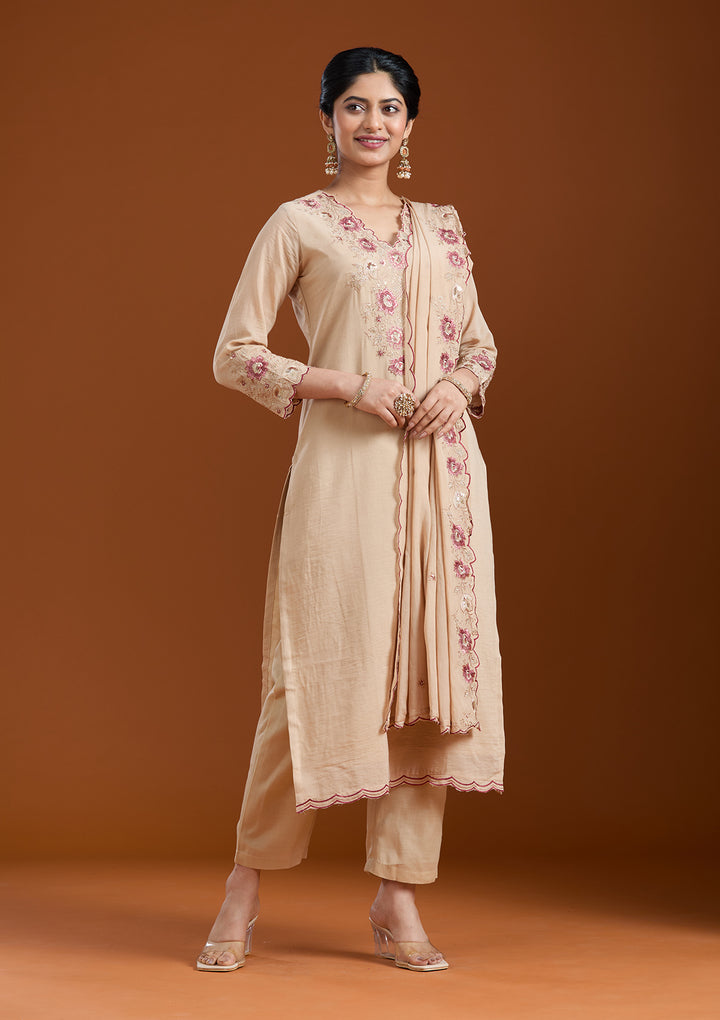 Beige Threadwork Chanderi Readymade Salwar Suit