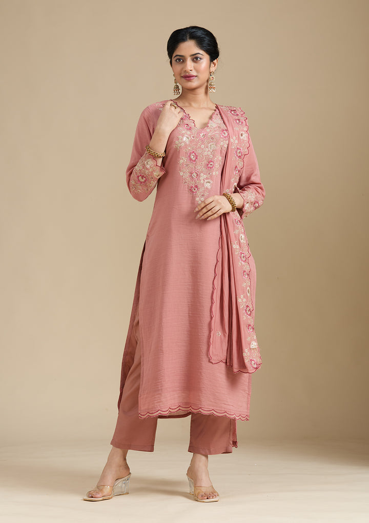 Rust Threadwork Chanderi Readymade Salwar Suit