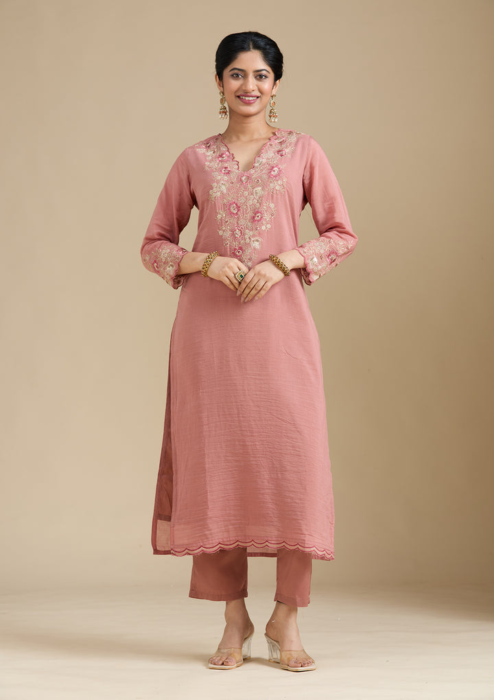 Rust Threadwork Chanderi Readymade Salwar Suit