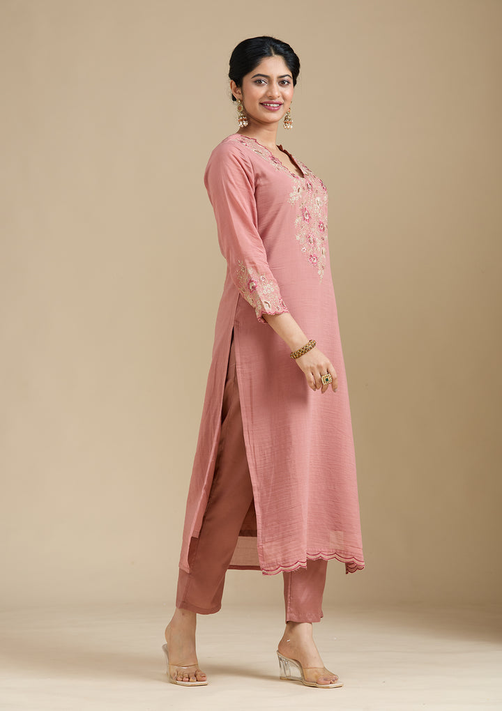 Rust Threadwork Chanderi Readymade Salwar Suit