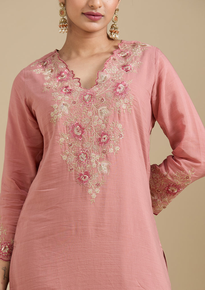 Rust Threadwork Chanderi Readymade Salwar Suit