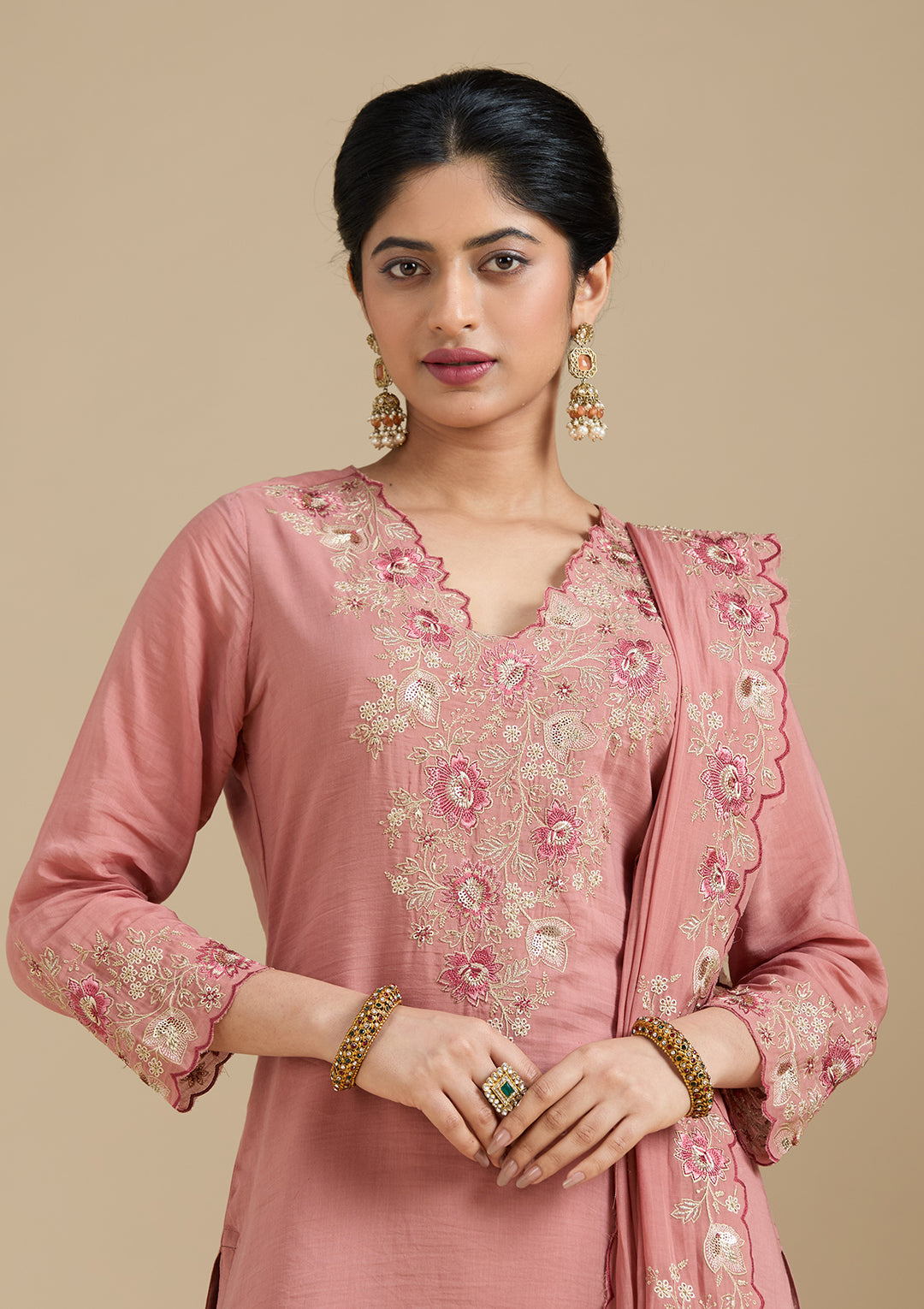 Rust Threadwork Chanderi Readymade Salwar Suit