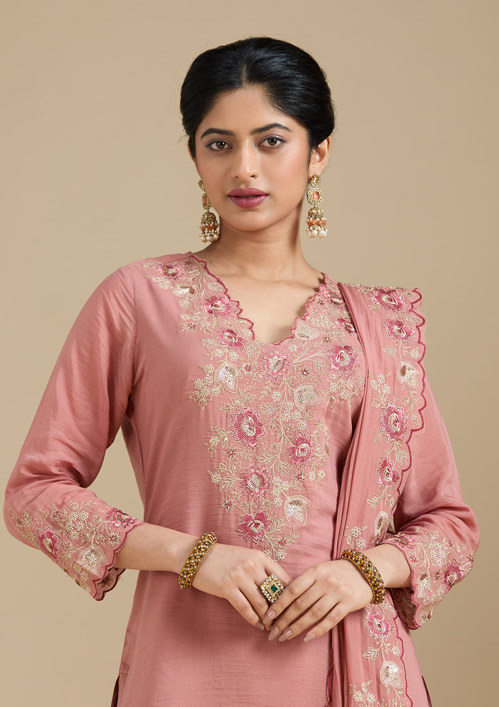 Rust Threadwork Chanderi Readymade Salwar Suit