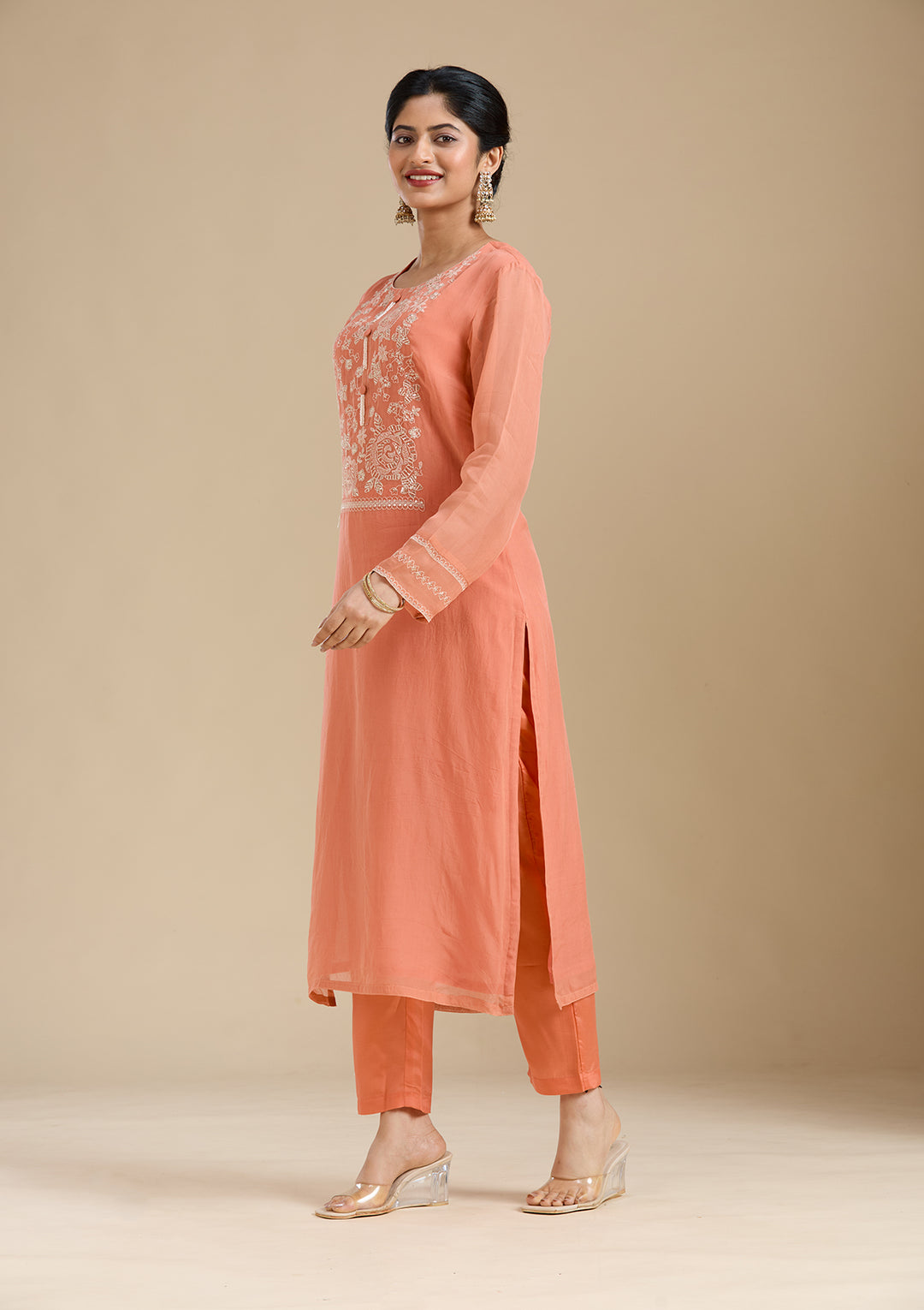 Light Orange Zardozi (Gold) Organza Readymade Salwar Suit