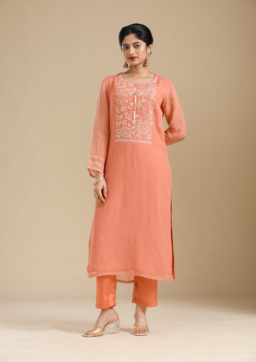 Light Orange Zardozi (Gold) Organza Readymade Salwar Suit
