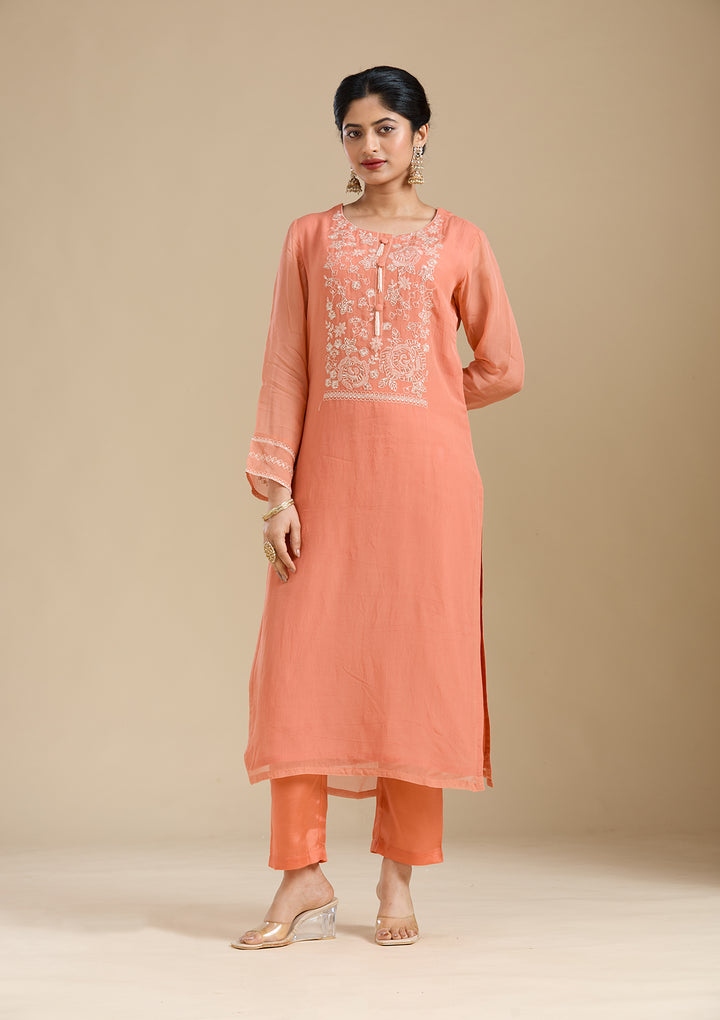 Light Orange Zardozi (Gold) Organza Readymade Salwar Suit