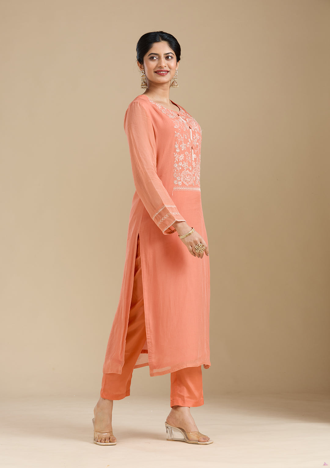 Light Orange Zardozi (Gold) Organza Readymade Salwar Suit