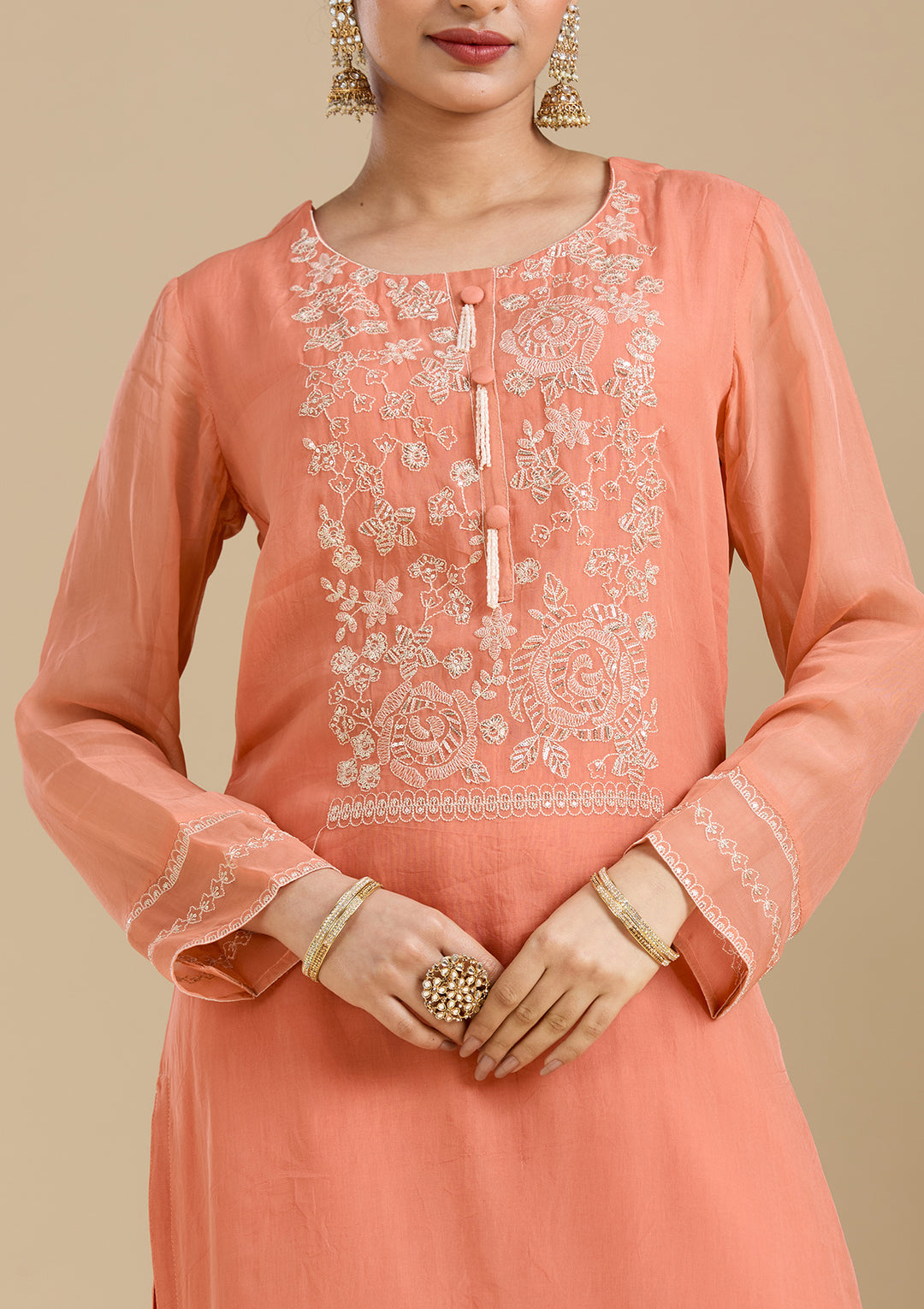 Light Orange Zardozi (Gold) Organza Readymade Salwar Suit