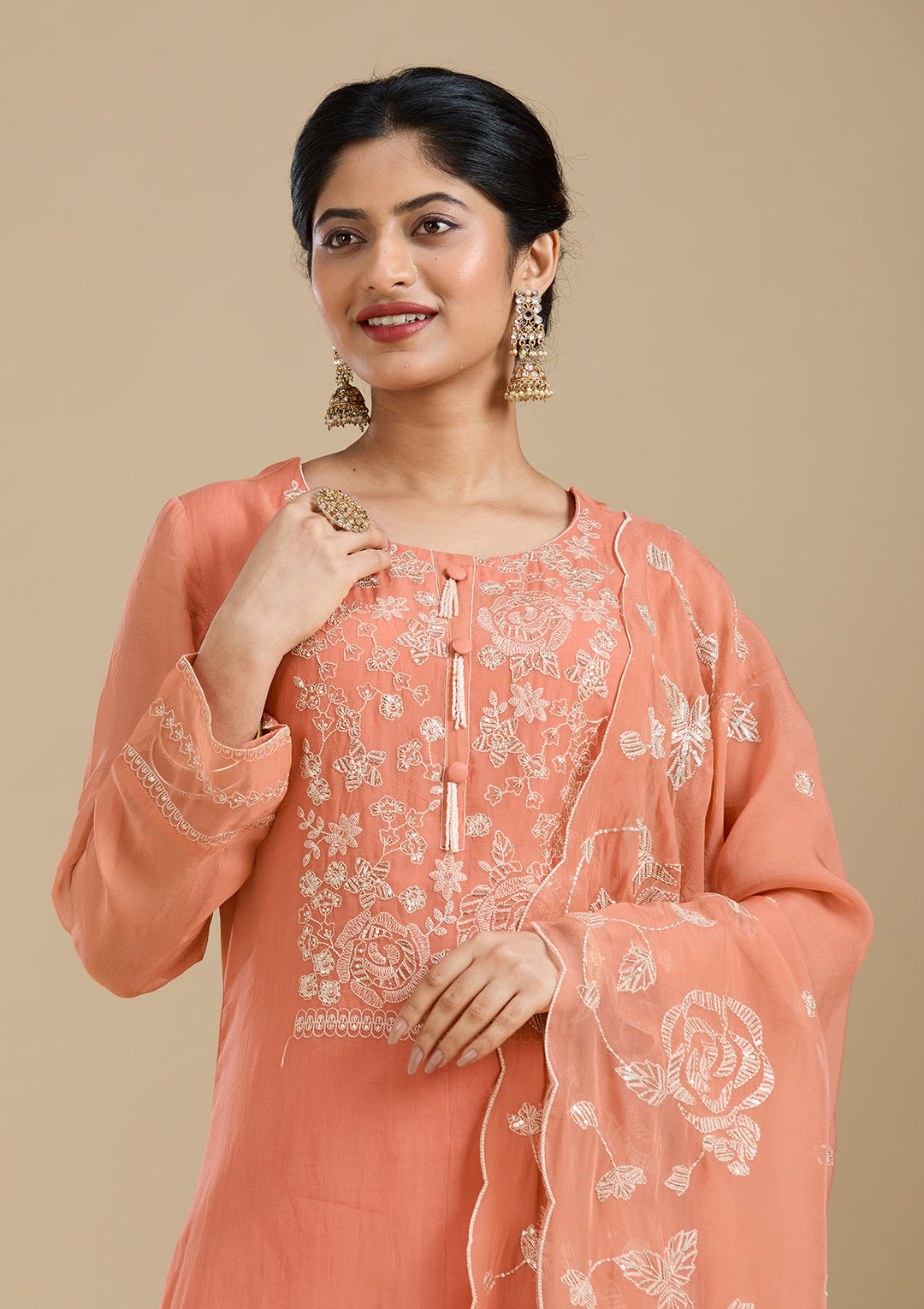 Light Orange Zardozi (Gold) Organza Readymade Salwar Suit