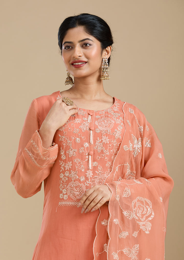 Light Orange Zardozi (Gold) Organza Readymade Salwar Suit