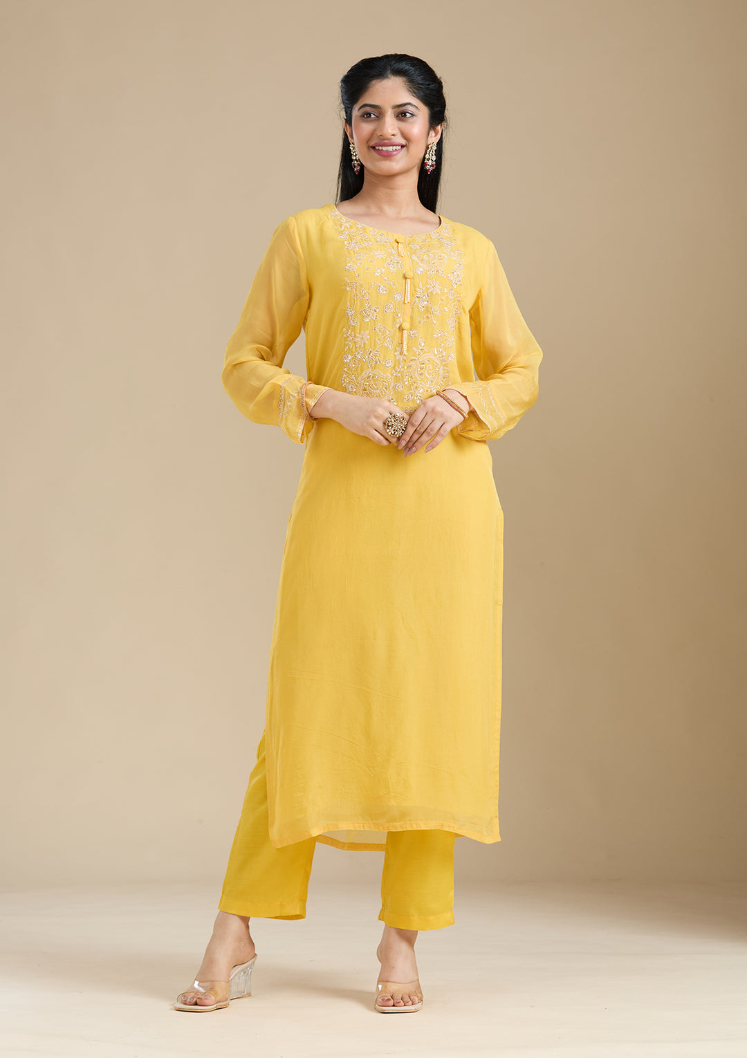 Mustard Yellow Zardozi (Gold) Organza Readymade Salwar Suit