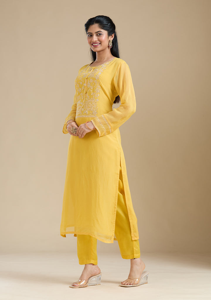Mustard Yellow Zardozi (Gold) Organza Readymade Salwar Suit