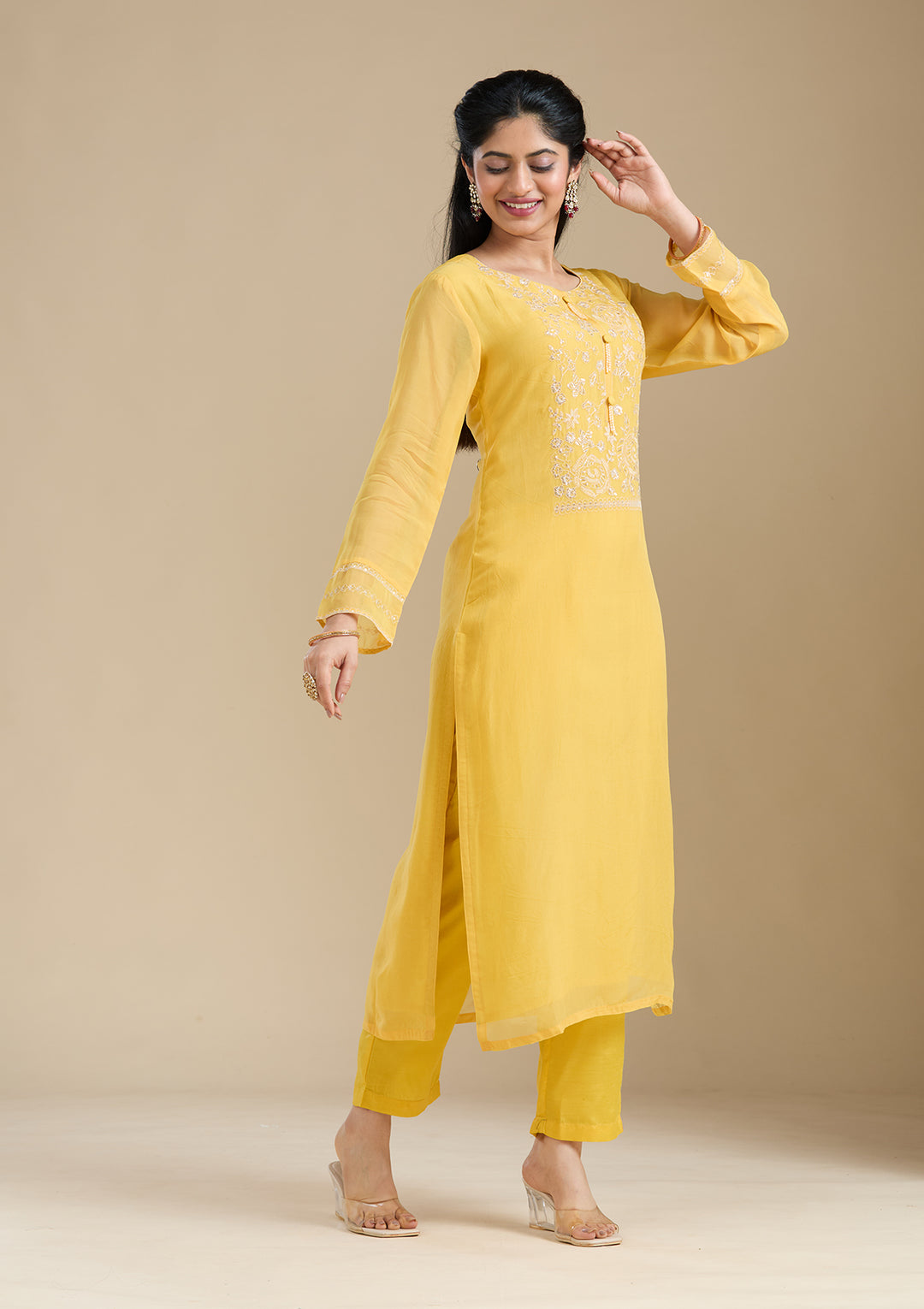 Mustard Yellow Zardozi (Gold) Organza Readymade Salwar Suit