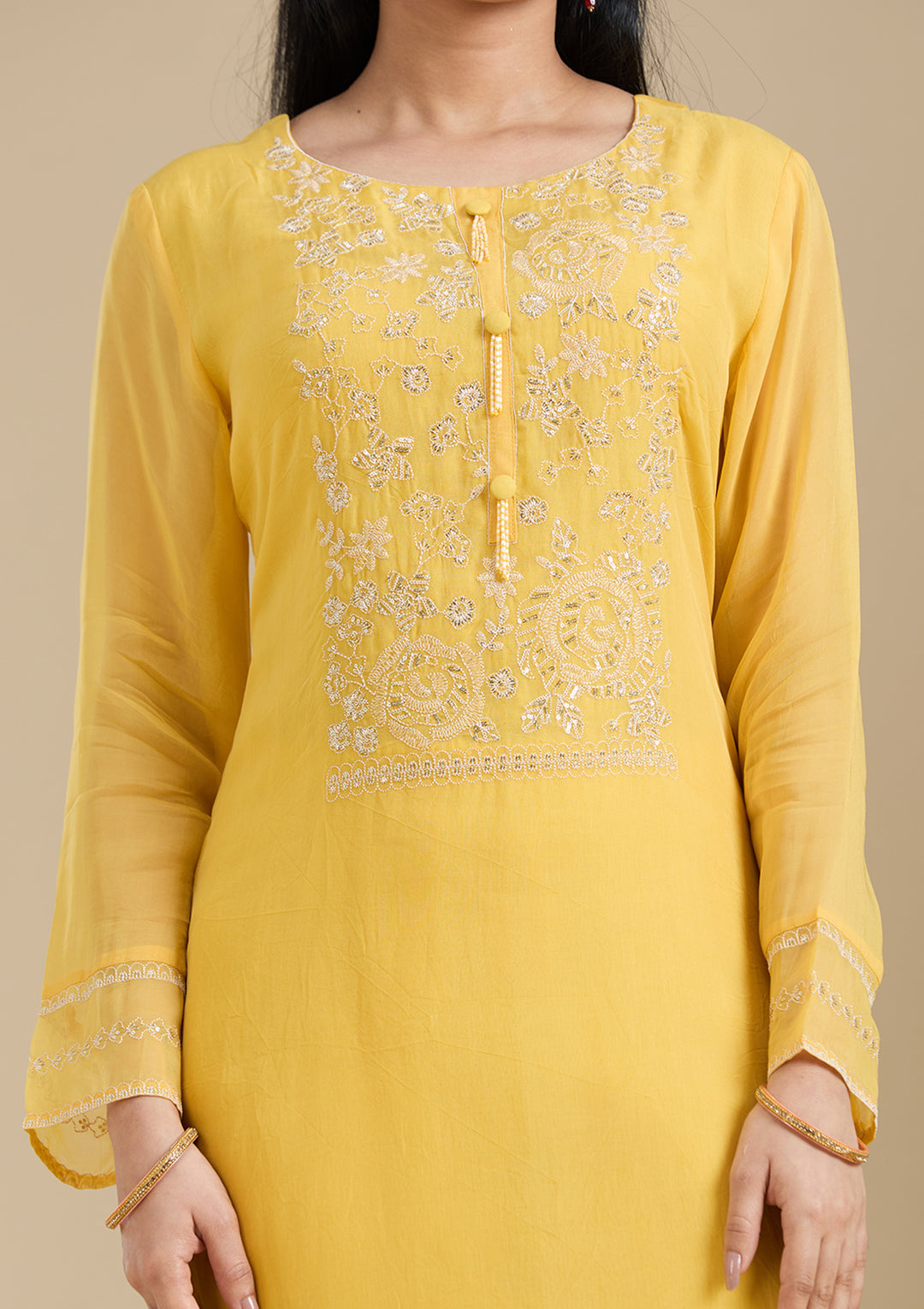 Mustard Yellow Zardozi (Gold) Organza Readymade Salwar Suit