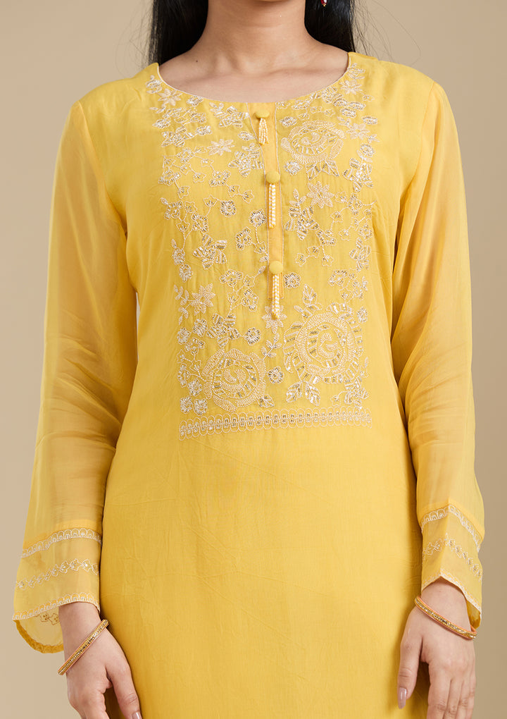 Mustard Yellow Zardozi (Gold) Organza Readymade Salwar Suit