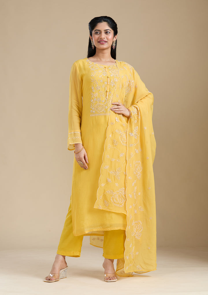 Mustard Yellow Zardozi (Gold) Organza Readymade Salwar Suit