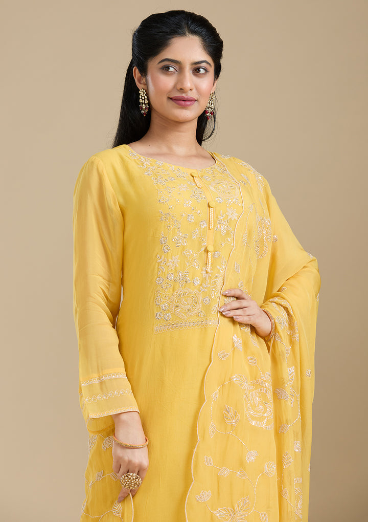 Mustard Yellow Zardozi (Gold) Organza Readymade Salwar Suit