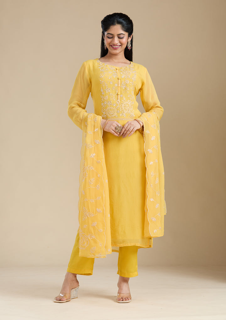 Mustard Yellow Zardozi (Gold) Organza Readymade Salwar Suit