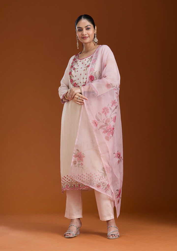 Beige Threadwork Organza Readymade Salwar Suit